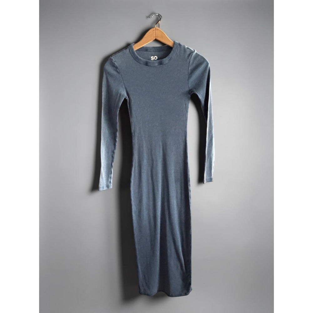 SO Womens Ribbed Bodycon Midi‎ Dress Long Sleeve Crew Neck Slate Blue Size XS